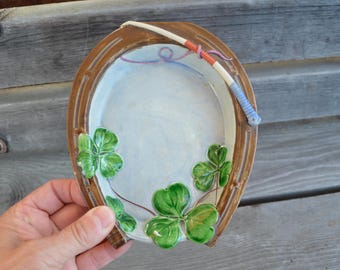 Vintage Horseshoe Trinket Dish, Hand Crafted Porcelain, 4 Leaf Clovers