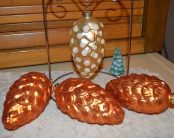 Christmas Tree Ornaments, 4 Pine Cones, Glitter, Burnt Orange & Yellow, Mercury Glass Balls, Christmas Baubles, Christmas Gift for Her