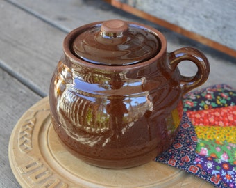 Vintage Crock, Glazed Redware, Brown Clay, 6 Cup, 48 oz, Small Bean Crock, Loop Handle, USA Made, Ovenware, Mother's Day Gift for Her