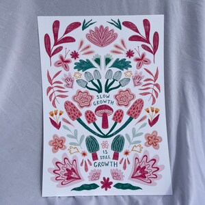 Pu&ograve; includere: Uno sfondo bianco con un design floreale rosa, verde e giallo. Il design presenta funghi con il testo "Slow Growth is Still Growth".