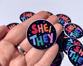 She/They pronoun sticker / waterproof stickers / die cut stickers / queer pride
