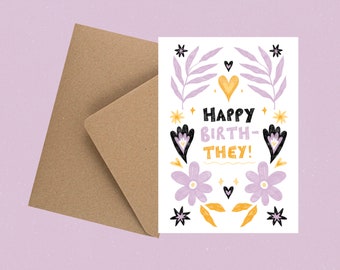 Non binary birthday eco greetings card / Happy birth - they / LGBTQ+ birthday card / Queer birthday card