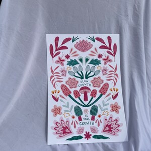 Pu&ograve; includere: Una stampa bianca con un design floreale in tonalit&agrave; rosa e verde. La stampa presenta funghi e il testo "Slow Growth is Still Growth".
