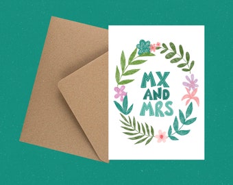 Mx and Mrs eco greetings card A6 with envelope / Queer card / Wedding Day /Wedding card / Non binary card / LGBTQ card