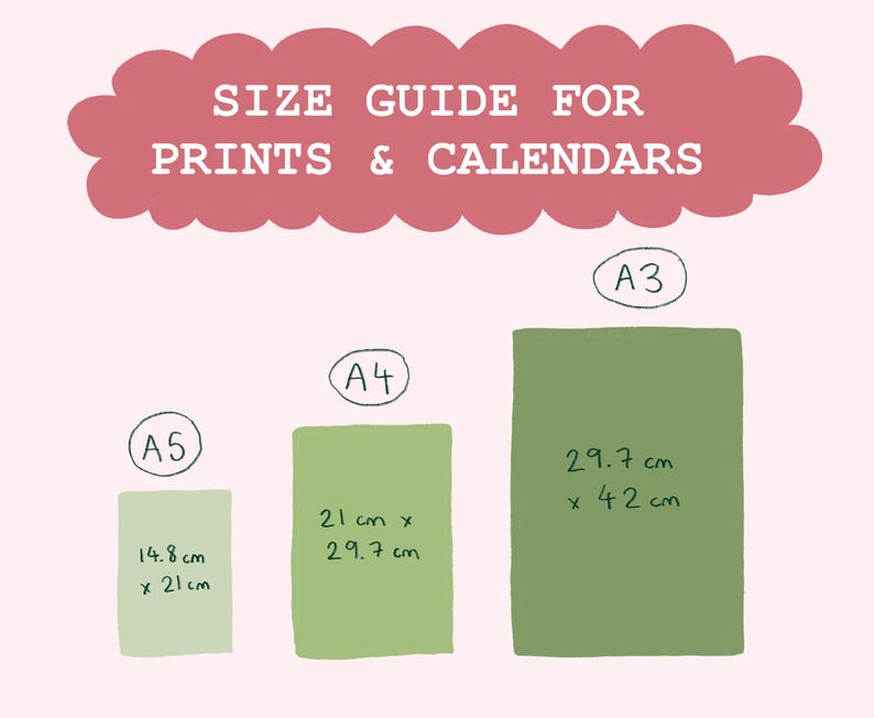 Pu&ograve; includere: Una guida alle dimensioni per stampe e calendari che mostra le dimensioni dei formati di carta A3, A4 e A5 in centimetri. Il formato A3 &egrave; di 29,7 cm x 42 cm, il formato A4 &egrave; di 21 cm x 29,7 cm e il formato A5 &egrave; di 14,8 cm x 21 cm.