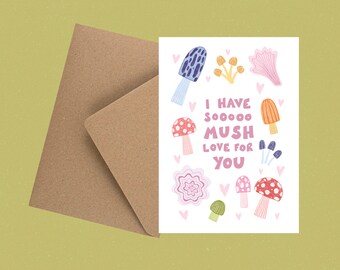 I love you so mush mushrooms Valentine’s eco greetings card with envelope / Valentine’s Day / Galentines day