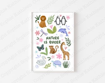 May include: A white background with a colorful illustration of various animals and plants. The text "NATURE IS QUEER" is in the center of the image.