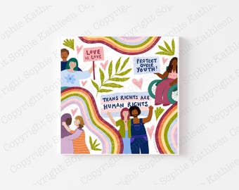Könnte beinhalten: Eine farbenfrohe Illustration mit Regenbogenbögen, Herzen und Blättern. Die Illustration zeigt Menschen verschiedener Rassen und Geschlechter mit dem Text "Liebe ist Liebe", "Schützt queere Jugendliche!" und "Transrechte sind Menschenrechte".
