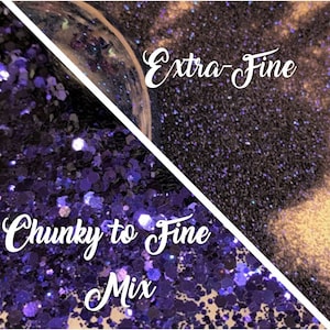 May include: Purple glitter in two sizes, chunky to fine mix and extra fine. The glitter is shown in two separate piles.