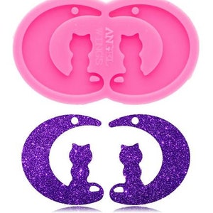 New! CAT On Moon Pair- Shiny Silicone MOLD ONLY / Small or Medium / D I Y Jewelry / Fantasy Handmade Crafts / Resin Art Fun