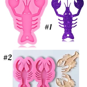 May include: Pink silicone lobster mold and a purple glitter lobster. Two pink lobster molds and two gold glitter lobster castings are also shown. The image is labeled with the numbers #1 and #2.