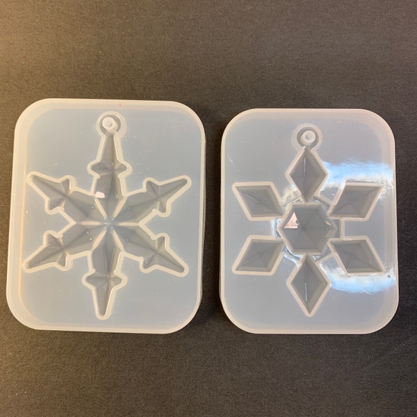 2 Large Snowflake Molds  - Shiny Silicone / Clear Faceted / Hanging DIY Christmas Ornament / Customizable Mementos