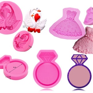 Swan Couple, Gown, Diamond Ring Shaker Mold - Sculpted Food Grade Silicone / Fondant / Wedding / Engagement / Quinceañera / One or All 3