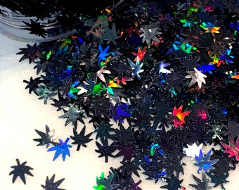 BLACK MAGIC Hemp Leaf Glitter Shapes - Holographic Black DIY Nail Art 5mm Holo Ganja Confetti Sequins