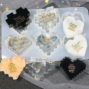 6-Cavity Pixel Jewel Heart Mold - Clear Shiny Silicone / Lotion Bars / Wax melts / Resin Art / Facet Sides