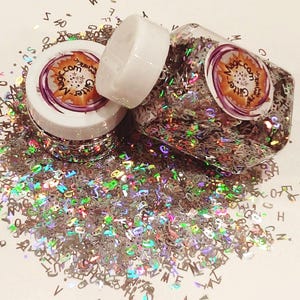 New! SILVER HOLO Tiny Alphabet Letters 3-6mm Shapes GLITTER / Solvent Resistant / Jar or Bottle  / Nail Art / Holographic / Personalize