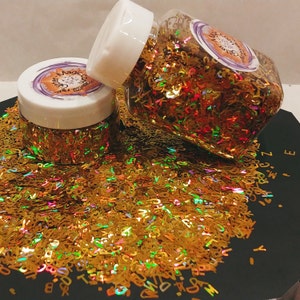 GOLD HOLO Tiny Alphabet Letters 3-6mm Shapes Glitter / Solvent Resistant / Jar or Bottle  / Nail Art / Holographic / Personalize