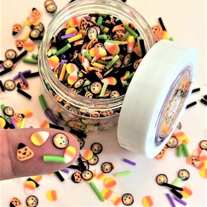 HAPPY HALLOWEEN Kawaii Polymer Clay Mix - FAKE Candy / Nail Art Slices - 1 oz. Jar / Candy Corn Jack-0-Lantern Pumpkin and Sprinkles Blend