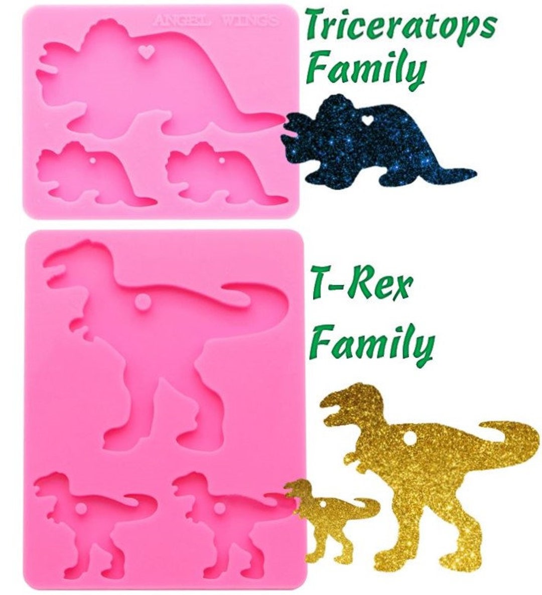 Dinosaur Family Mold Shiny Silicone / T-rex or Triceratops / Key Chain /  DIY Jewelry / Prehistoric Teaching Aid / Ornaments 