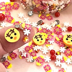 RUDOLPH Kawaii Polymer Clay Mix - Reindeer, Snowflakes, Presents, Rhinestones, Red Balls - Nail Art Slices - 1 oz. or 1.75 oz. Jar