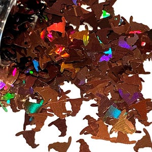 May include: A collection of small, brown, witch hat-shaped sequins with a holographic finish that reflects flashes of blue, green, and pink light. The flat, die-cut shapes are scattered and spilling out from a clear container onto a white surface.