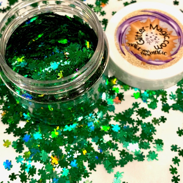 Forest Green Shamrock Glitter Shapes / Holographic / 4x5mm 4-Leaf Clover / Irish Luck / Nail Art Sequins / Saint Patricks Day