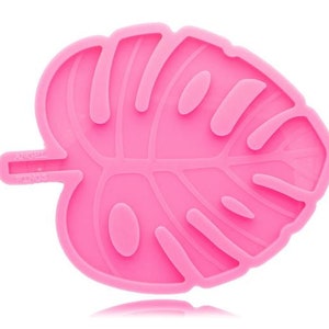 May include: Pink silicone mold shaped like a monstera leaf. The mold has a detailed design with raised lines and a smooth surface.