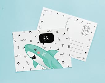 Postcard - friendly shark - Hi Hello ocean white shark 80s 90s pattern