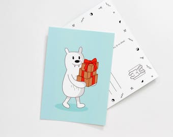 Postcard - bear with gifts - babyblue birthday presents kids