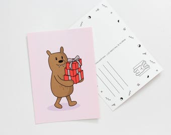 Postcard - bear with gifts - pink birthday presents kids