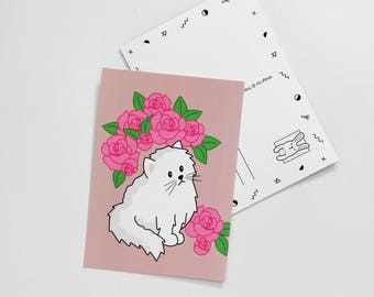 Postcard - rose kitty - pink cat post card