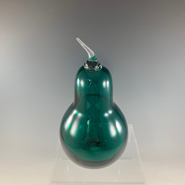 Blenko Glass 9351 7” Green Pear with Clear Stem