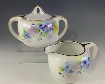 Nippon Hand Painted Creamer and Sugar with Forget Me Nots c1900-1920s