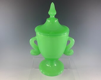 Fenton 1532 Jade Covered Candy Jar with Dolphin Handles c1927