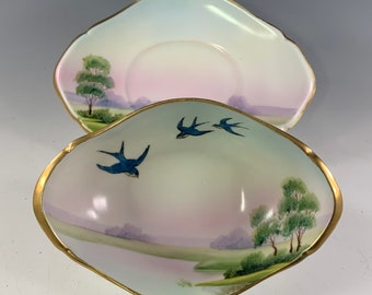 Hand Painted Nippon Morimura Brothers Blue Birds Sauce Bowl with Underplate