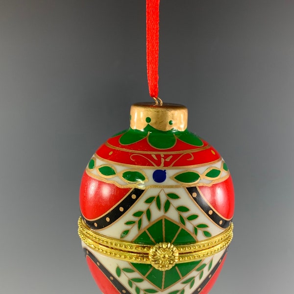 Holiday Egg shaped Porcelain Hinged Trinket Box Ornament