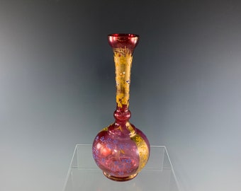 Czechoslovakian Ruby Red Petite Bud Vase with Gold Gilt and Painted Flowers