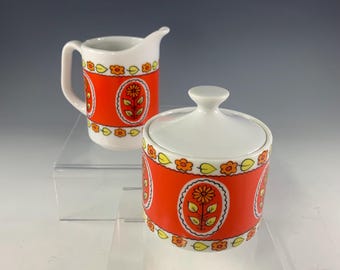 Orange Daisy Flower Power Porcelain  Sugar and Creamer Set