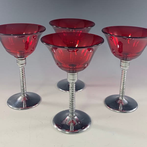 Cambridge Tally Ho Ruby Red and Chrome Liquor Cocktail Glasses ~ Set of 4 ~ circa 1930s