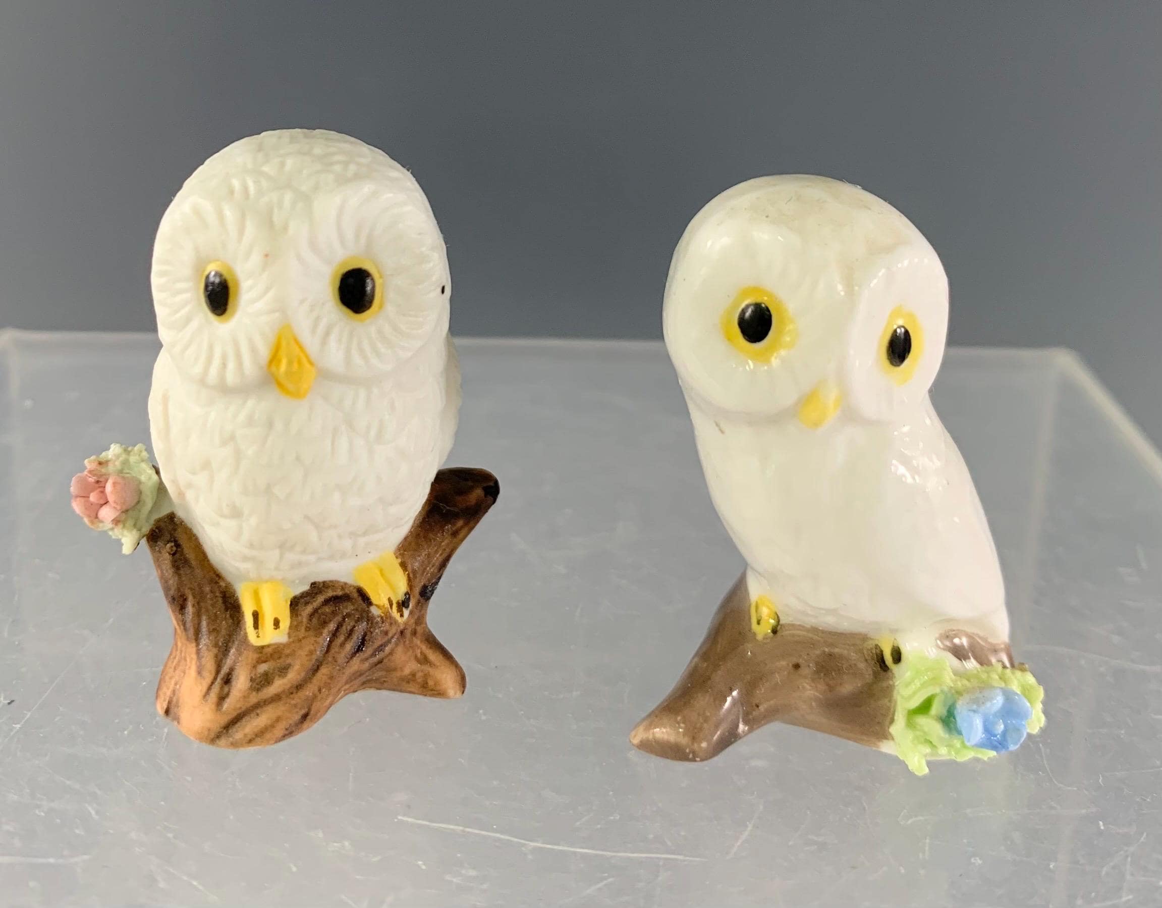 Miniature Bone China Owls on Stumps with Flowers Set of Two
