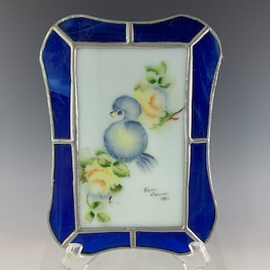 Handcrafted Stained Glass with Handpainted Bluebird and Flowers