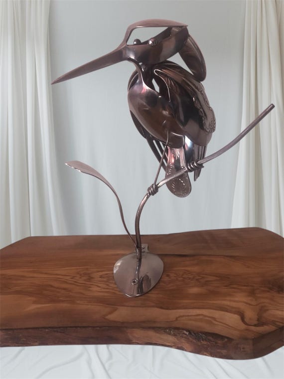 Handmade Kingfisher Sculpture Made from Recycled Cutlery | Handmade Bird Art on Olive Wood Base | Upcycled Metal Wildlife Gift