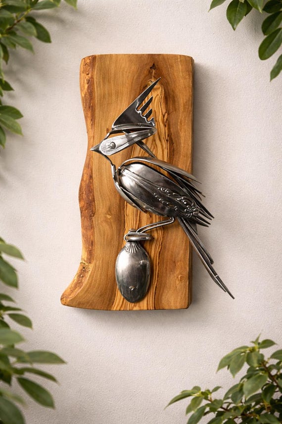 Handcrafted Cardinal Bird Wall Art – Olive Wood Plaque, Upcycled Cutlery, Rustic Nature Décor,
