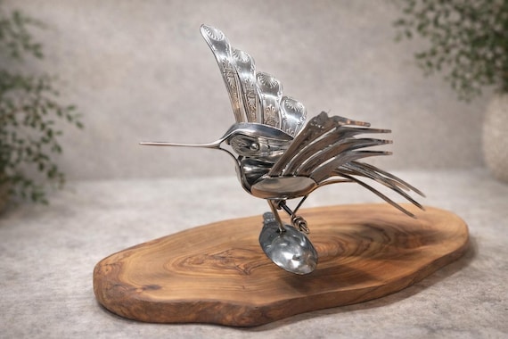 Free USA Shipping; Table top Cutlery bird, hand-made from upcycled silverware, wall art, bird figurine, spoon artwork,