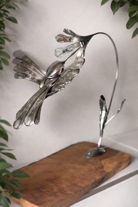 Handmade Hummingbird on Flower Sculpture – Unique Cutlery Art on Olive Wood Base