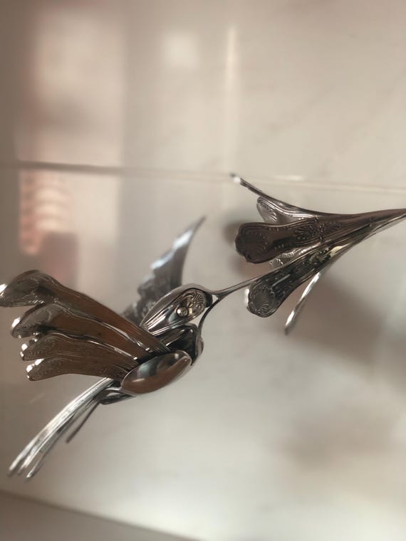 Handmade Hummingbird on Flower Sculpture – Unique Cutlery Art on Olive Wood Base