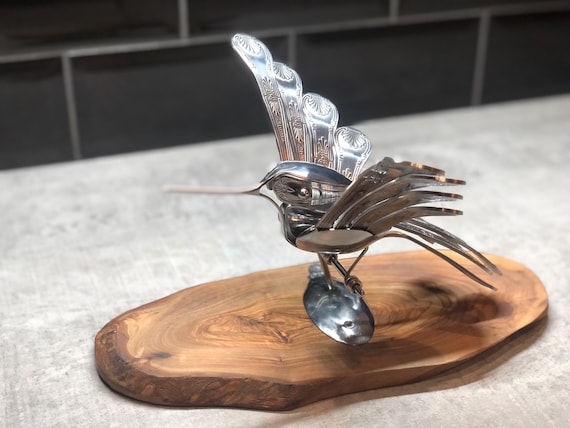 Free USA Shipping; Table top Cutlery bird, hand-made from upcycled silverware, wall art, bird figurine, spoon artwork,