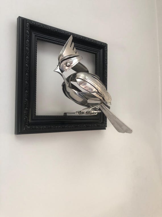Handmade Stainless Steel Cardinal Bird Sculpture | Recycled Cutlery Art | Wall Decor on Black Frame | Unique Bird Gift | Metal Art for Hom,