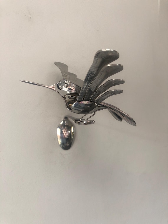Upcycled Cutlery Hummingbird Sculpture: Handmade Stainless Steel Bird Art