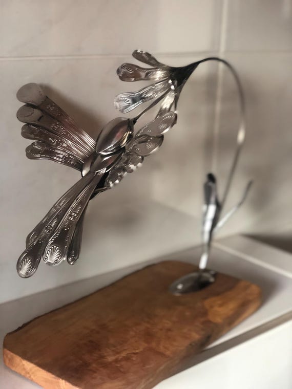 Handmade Hummingbird on Flower Sculpture – Unique Cutlery Art on Olive Wood Base